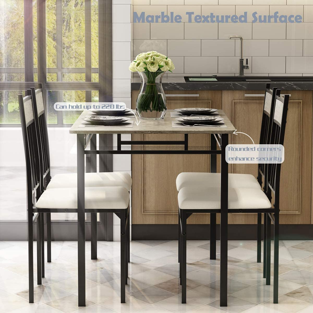 Tangkula 5 Piece Kitchen Dining Table Set(Grey), Kitchen Table and Chairs Set with Metal Frame & Padded Seat
