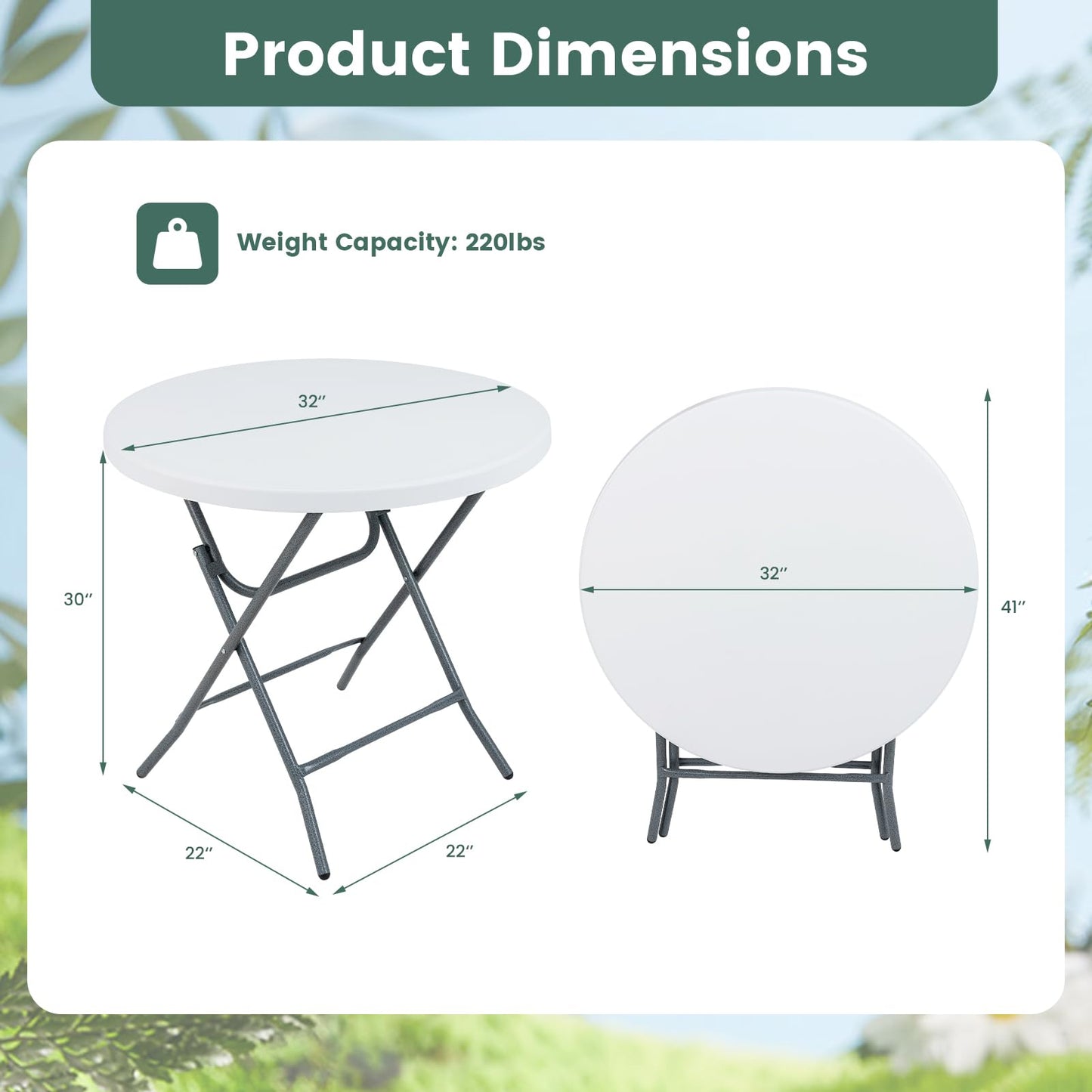 Table pliante ronde Tangkula 32", table de pique-nique portable avec plateau en PEHD résistant aux intempéries