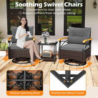 Tangkula 3 Piece Outdoor Swivel Chair Set with 2 Tier Tempered Glass Side Table