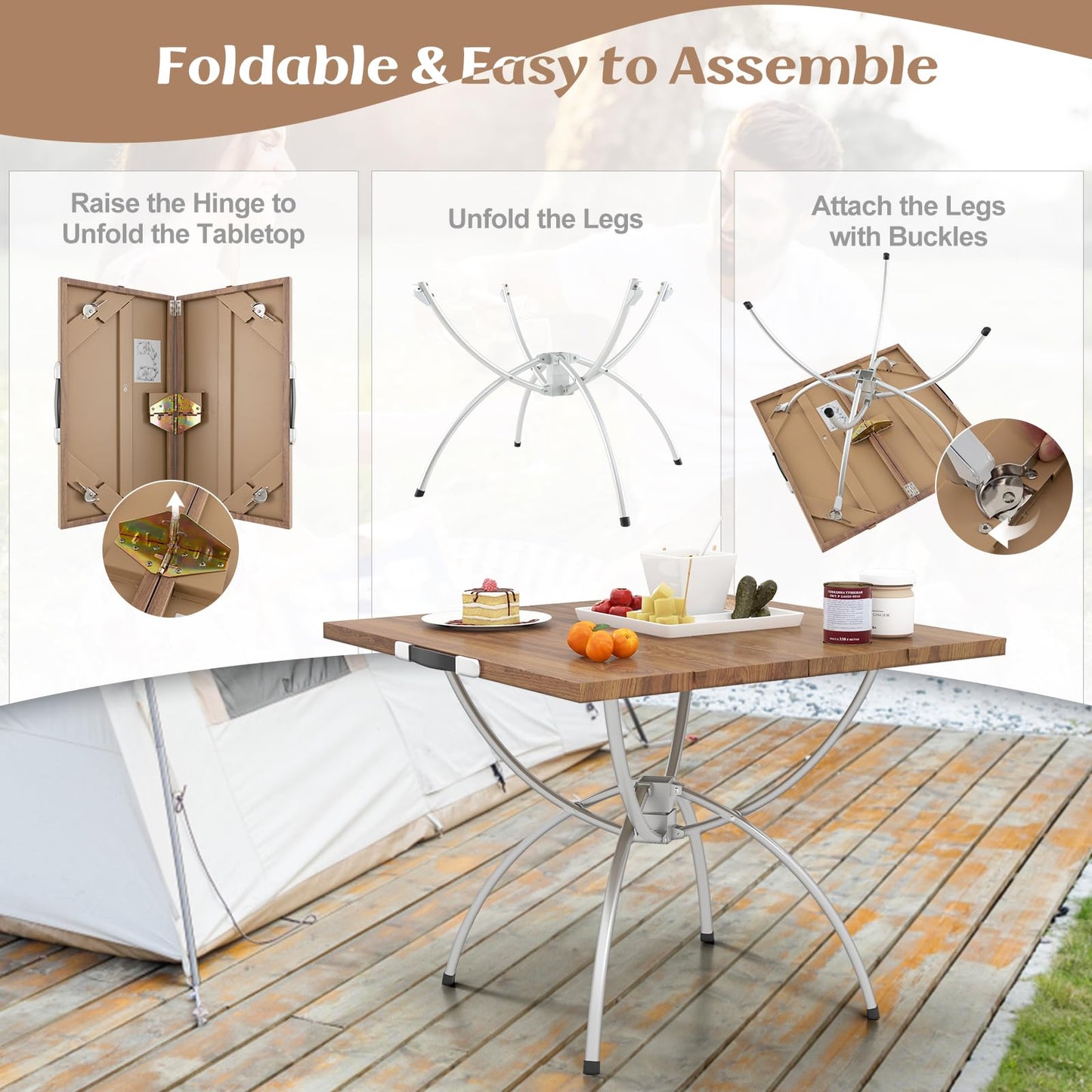 Tangkula 24"x24" Folding Camping Table Set of 2, Extendable Lightweight Camp Table with Wood-Grain Tabletop