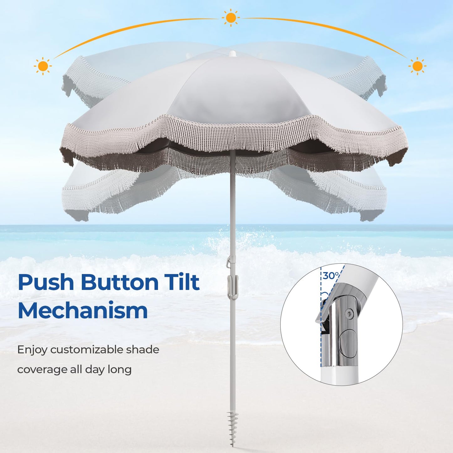 Tangkula 6.5FT Beach Umbrella with Fringe, UPF50+ Outdoor Boho Umbrella with Tassels, Push Button Tilt