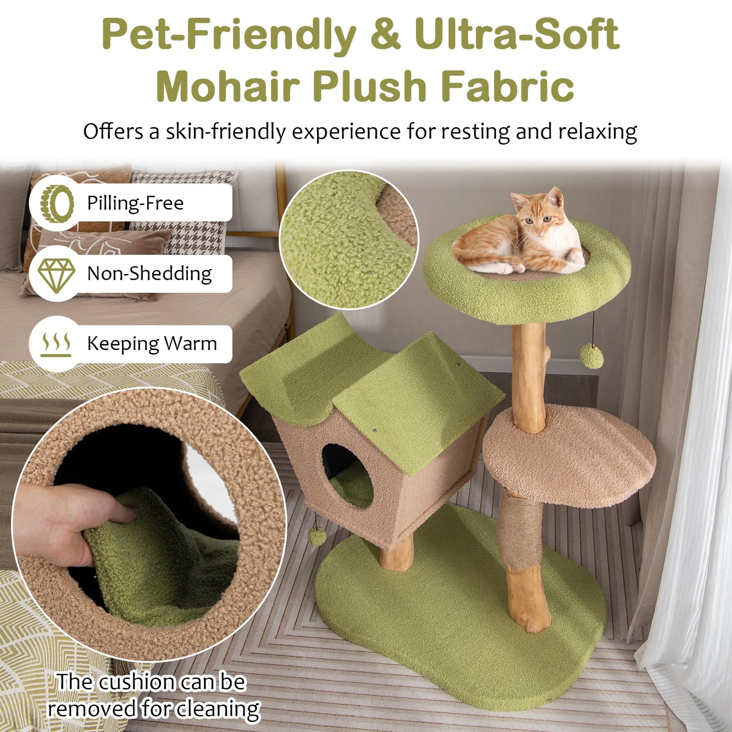 Tangkula Cat Tree, Solid Wood Cat Tower with Jute Scratching Post, Cat Condo, Perch, Jingling Ball
