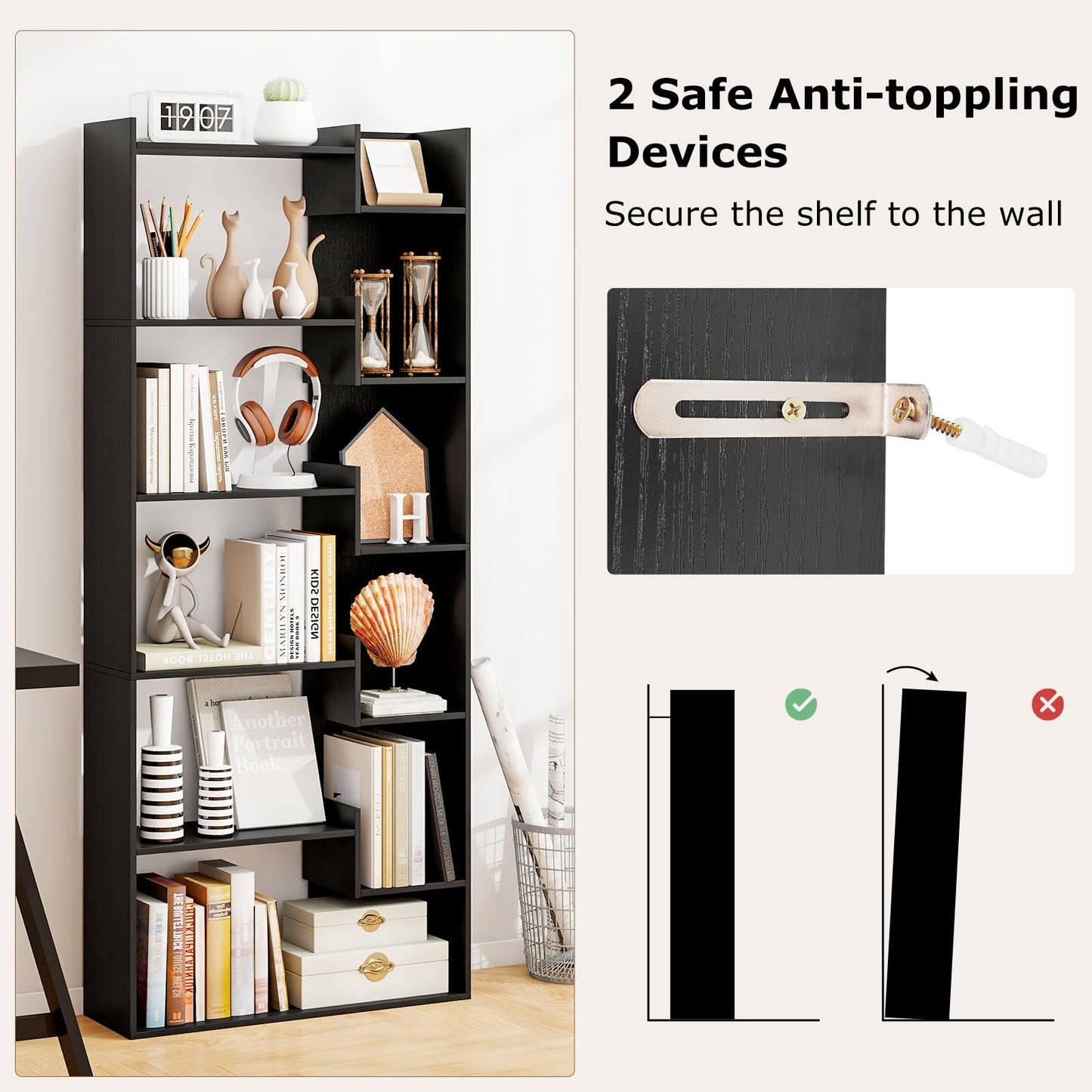 Tangkula 6-Tier Bookshelf | 64”H Tall Open Bookcase with Anti-Tip Kits (1/2)