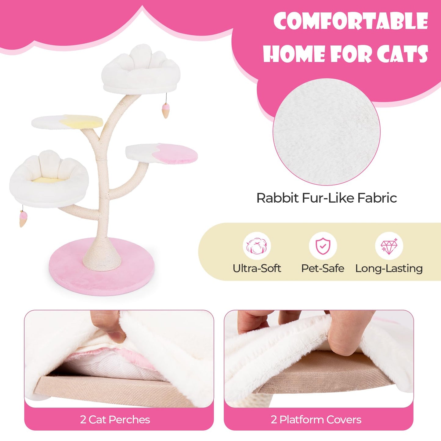 Tangkula Arbre à chat mignon multicouche de 123 cm avec poteaux à griffer recouverts de sisal