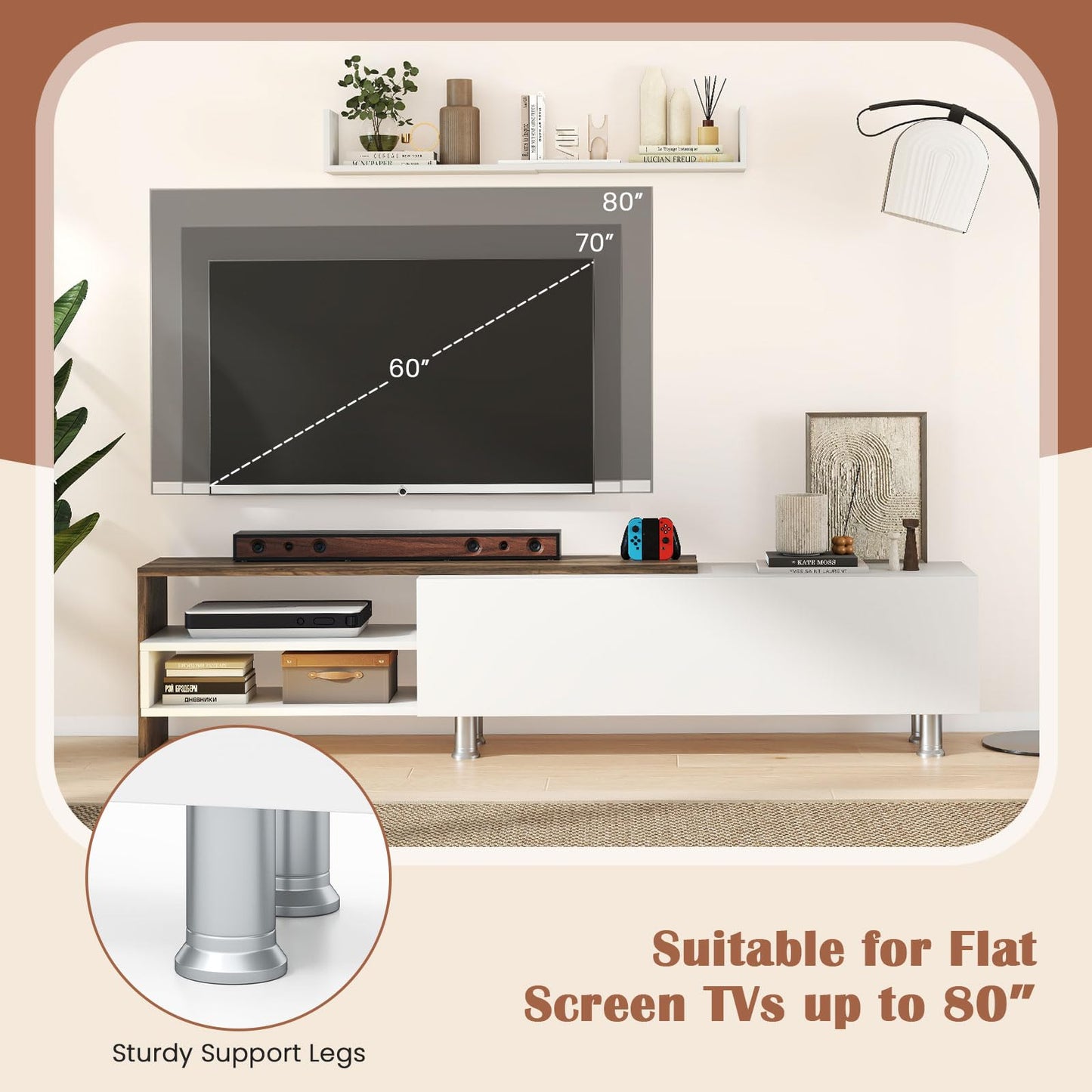 Tangkula White TV Stand with 2 Wall Shelves for Living Room