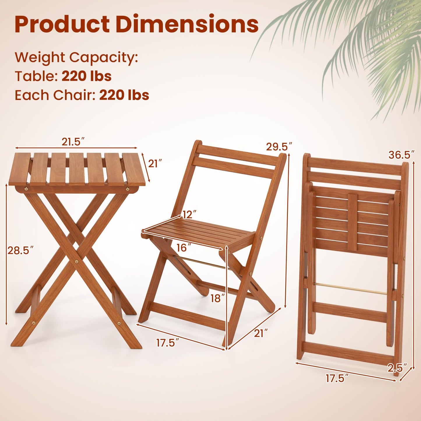 Tangkula 3 Pieces Solid Wood Patio Bistro Set with 2 Folding Chairs