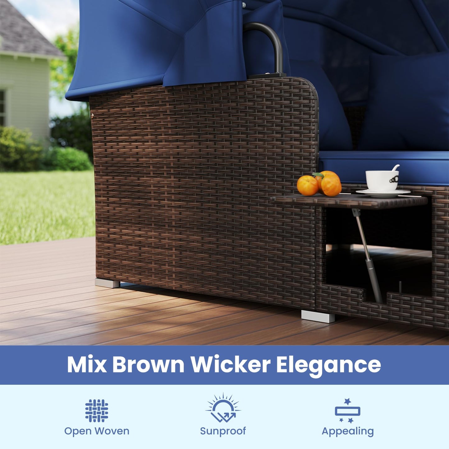 Tangkula Outdoor Wicker Sunbed with 2 Foldable Side Tables Thick Seat & Back Cushions