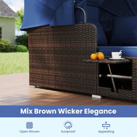 Tangkula Outdoor Wicker Sunbed with 2 Foldable Side Tables Thick Seat & Back Cushions