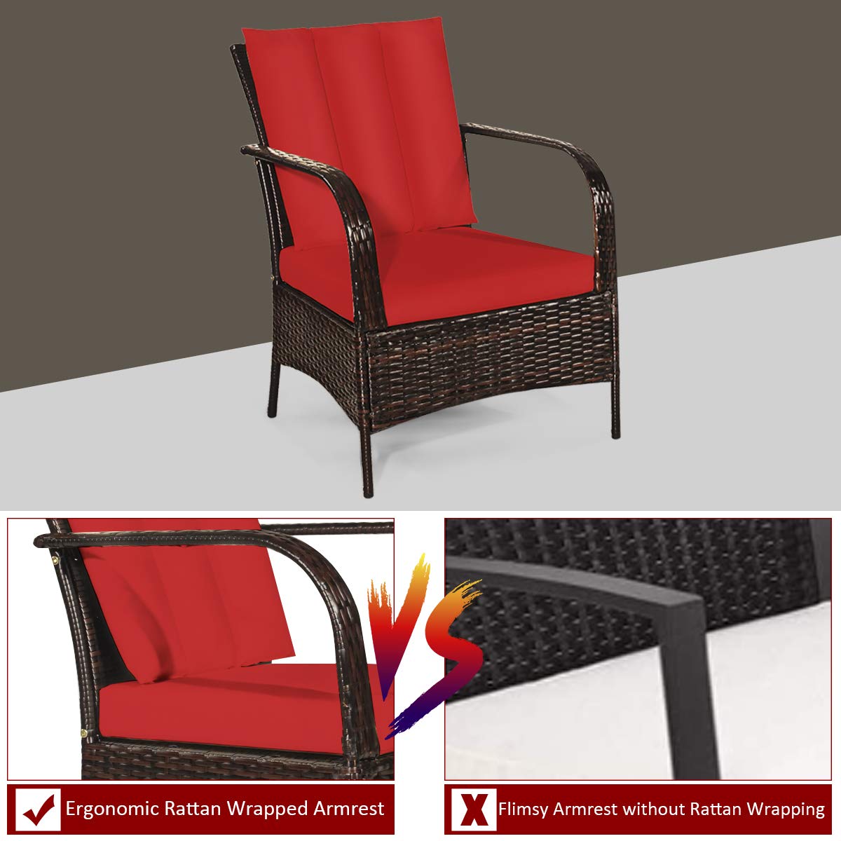 Tangkula 3 Piece Patio Furniture Set, 2 Wicker Chairs with Glass Top Coffee Table