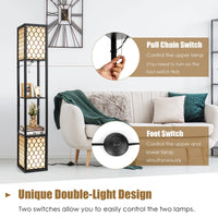 Freestanding Double Lamp w/ 2-Tier Wood Shelf & White Lampshade, E26 Bulb Base, Pull Chain & Foot Switch
