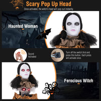 Tangkula 5.8 FT Halloween Animated Haunted Woman with Pop Up Head, Animatronic Scary Witch with Sound Activated Design & Control Button