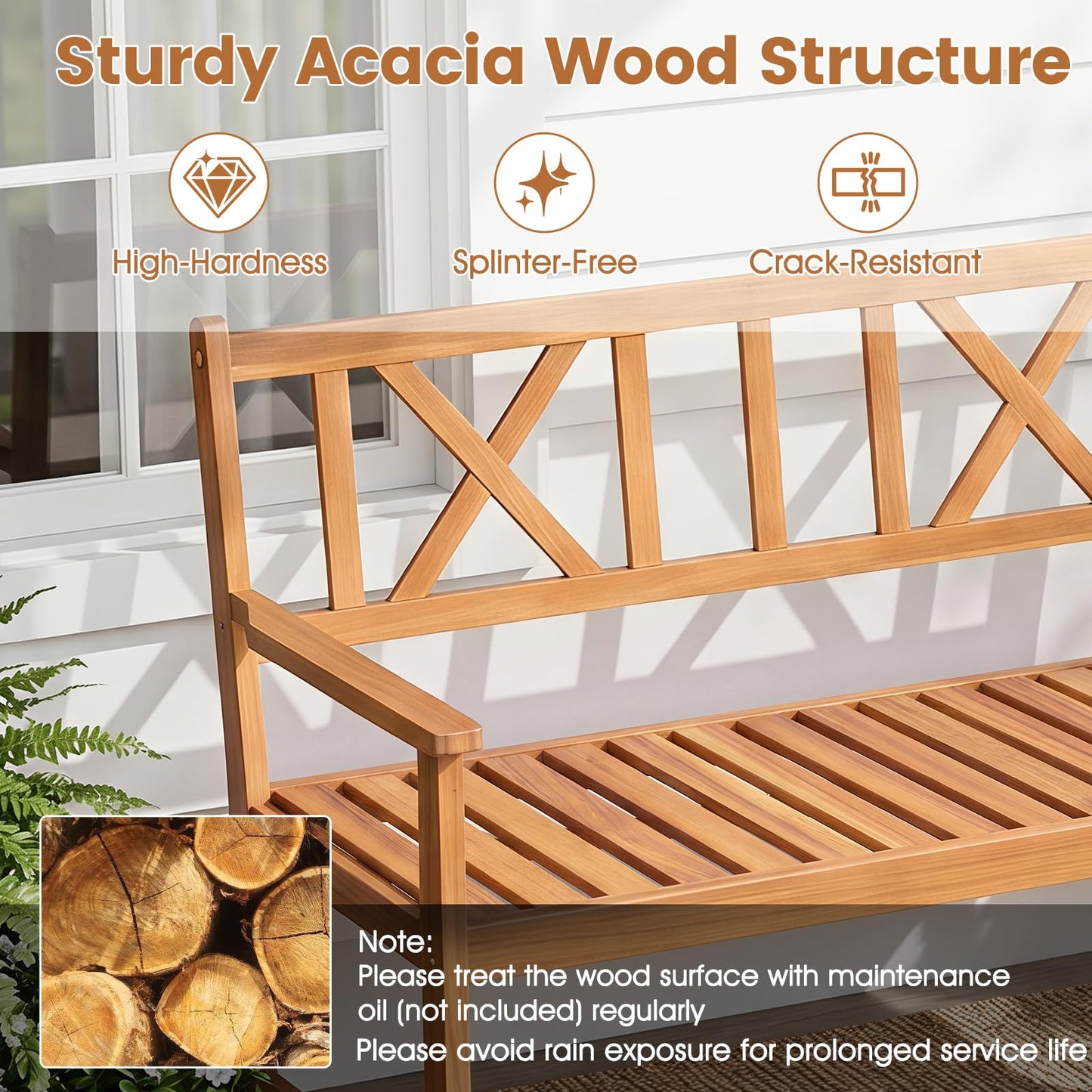 Tangkula 2-Person Acacia Wood Outdoor Garden Bench with Cushion(Without seat cushion)