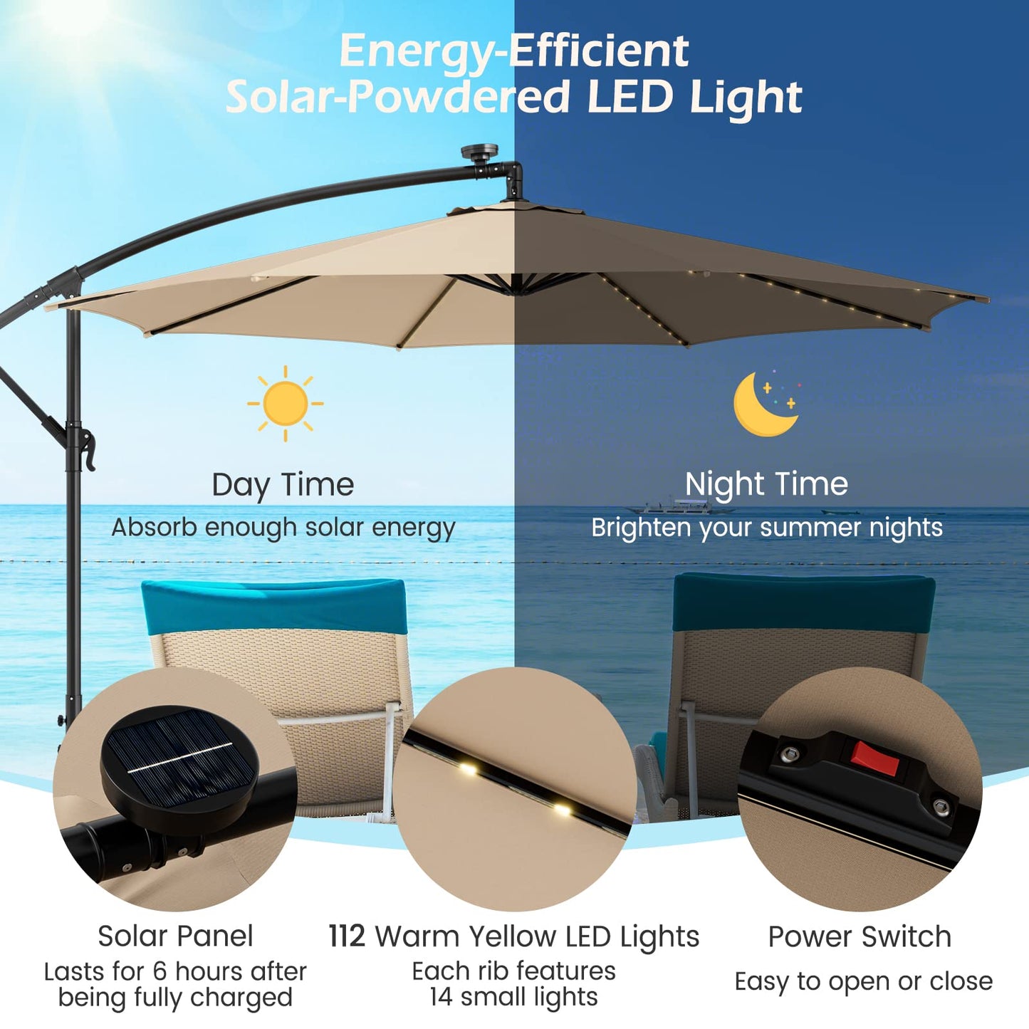 TANGKULA 10FT Solar Offset Umbrella, Tilted Cantilever Hanging Umbrella with 112 LED Lights