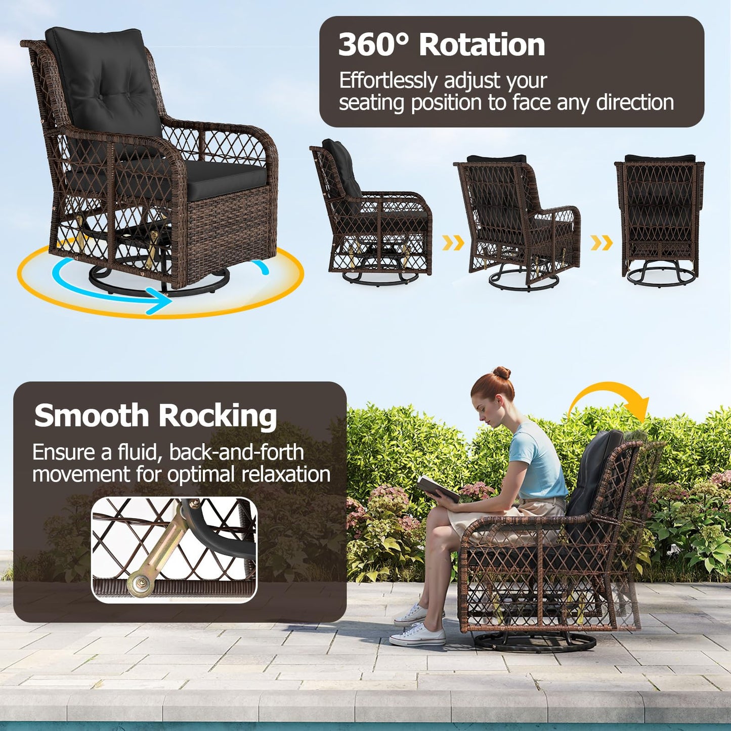 Tangkula 3 Piece Patio Swivel Rocker Set with Tempered Glass Side Table