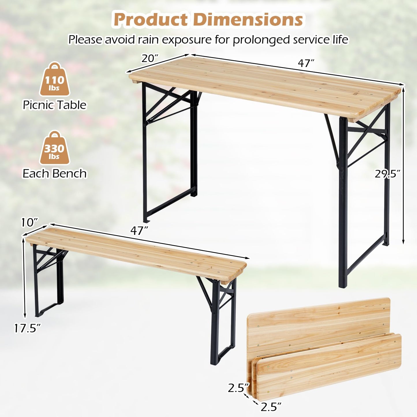 Tangkula 3 Piece Folding Picnic Table with 2 Benches