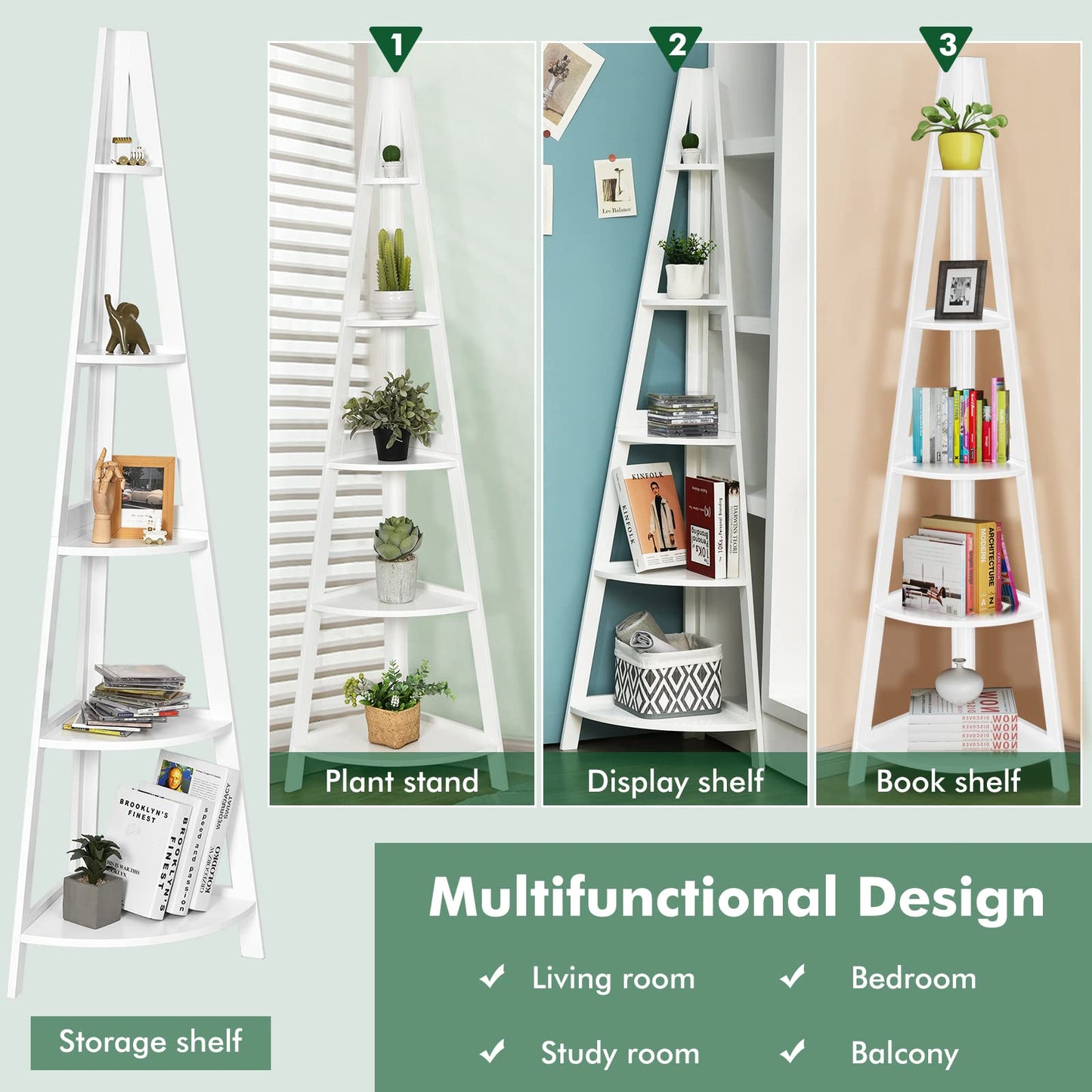 Tangkula 5 Tier Corner Shelf, 69 Inch Tall Corner Bookshelf Ladder Shelf Plant Stand for Living Room Home Office