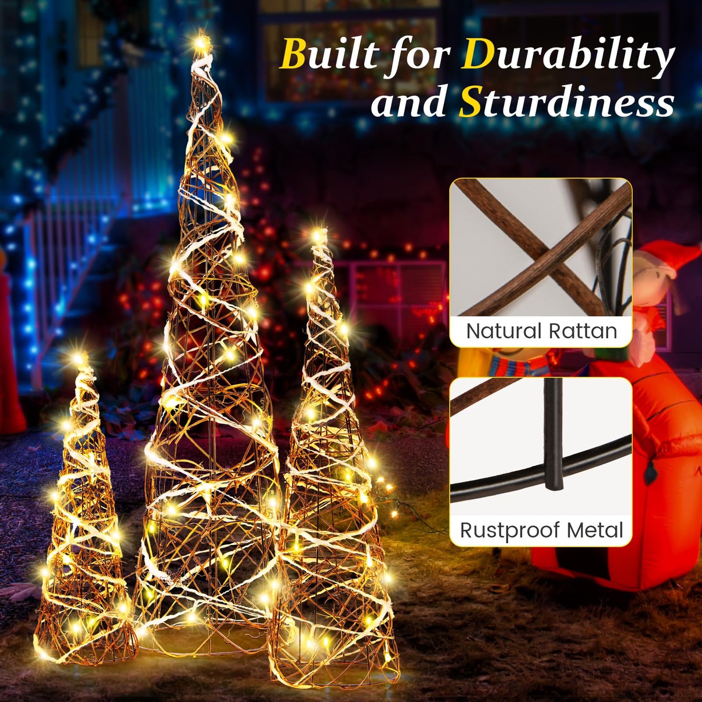 Tangkula Set of 3 Lighted Christmas Rattan Cone Trees, Holiday Decorative Trees with LED Lights and Metal Frame