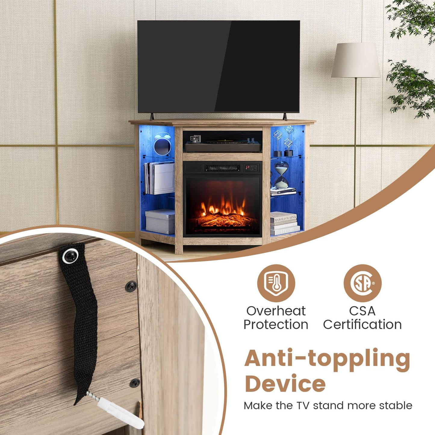 Tangkula Fireplace Corner TV Stand with LED Lights & Smart APP Control for 50 Inches TV