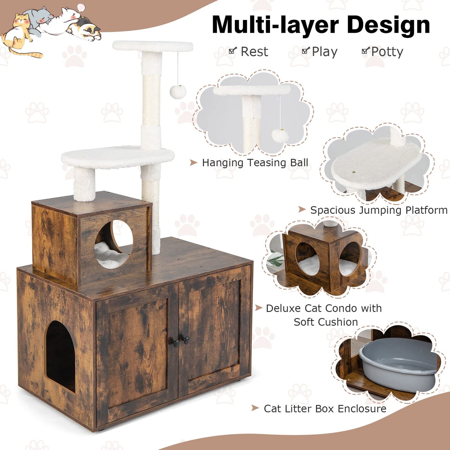 Tangkula Litter Box Enclosure with Cat Tree Tower, 2-in-1 Hidden Cat Washroom with Cat Condo