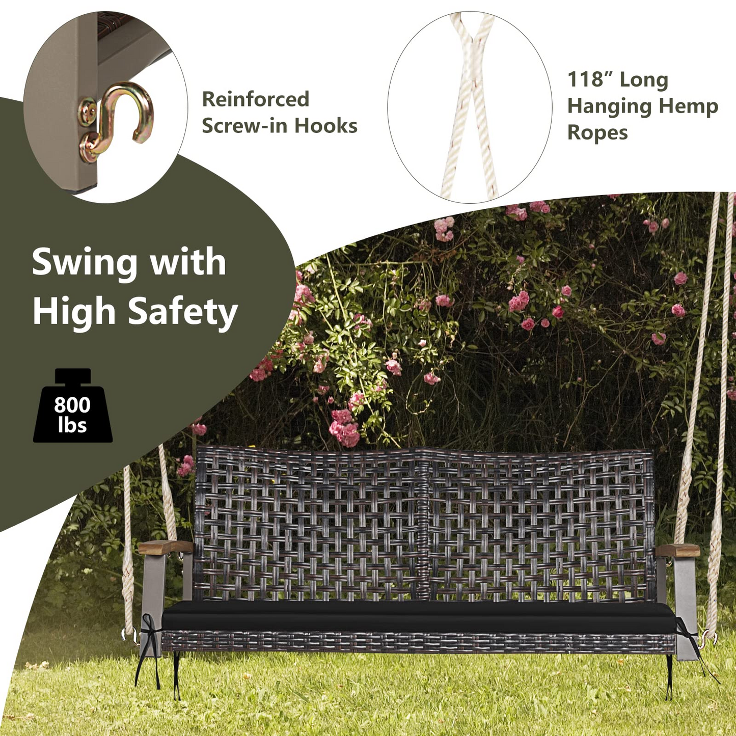Tangkula 2 Person PE Wicker Porch Swing Bench, 800 LBS Weight Capacity