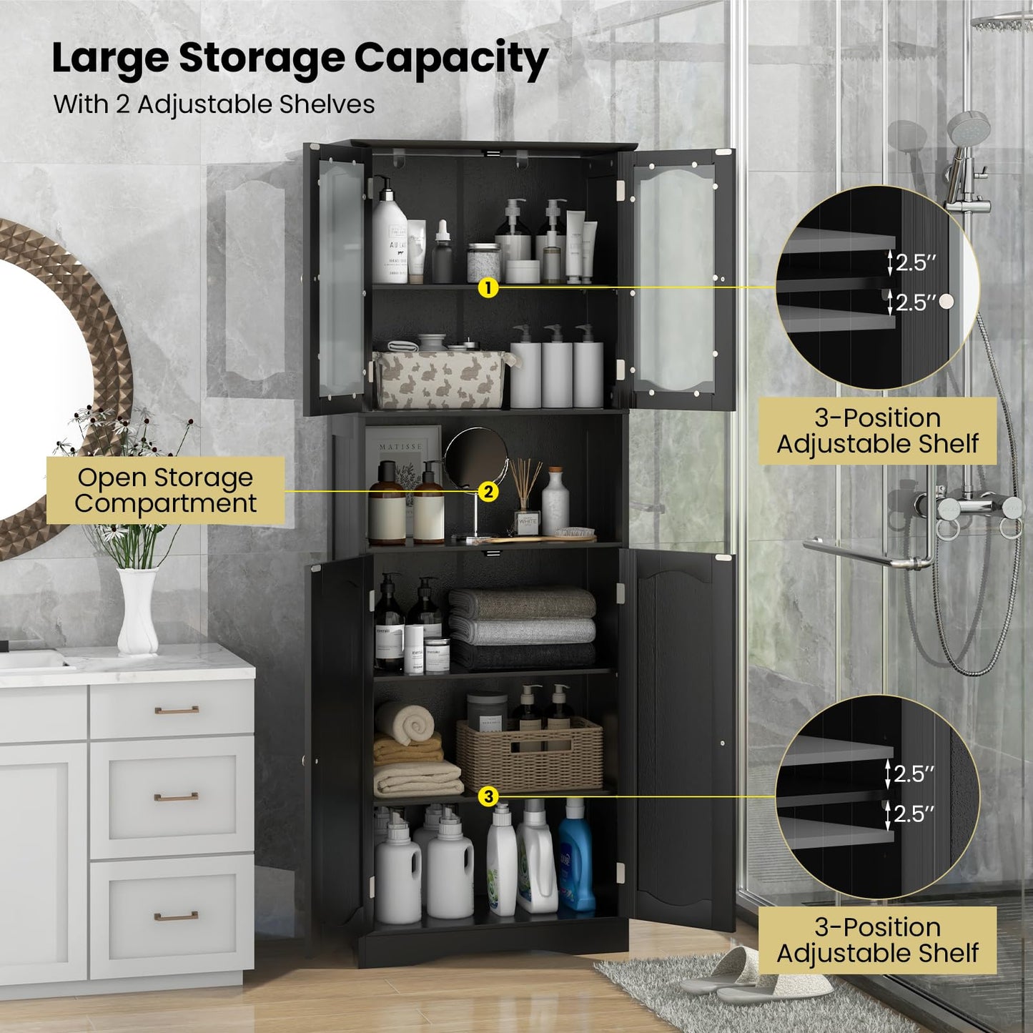Tangkula 64.5" Tall Bathroom Storage Cabinet, Freestanding Linen Cabinet with Frost Glass Doors and Shelves