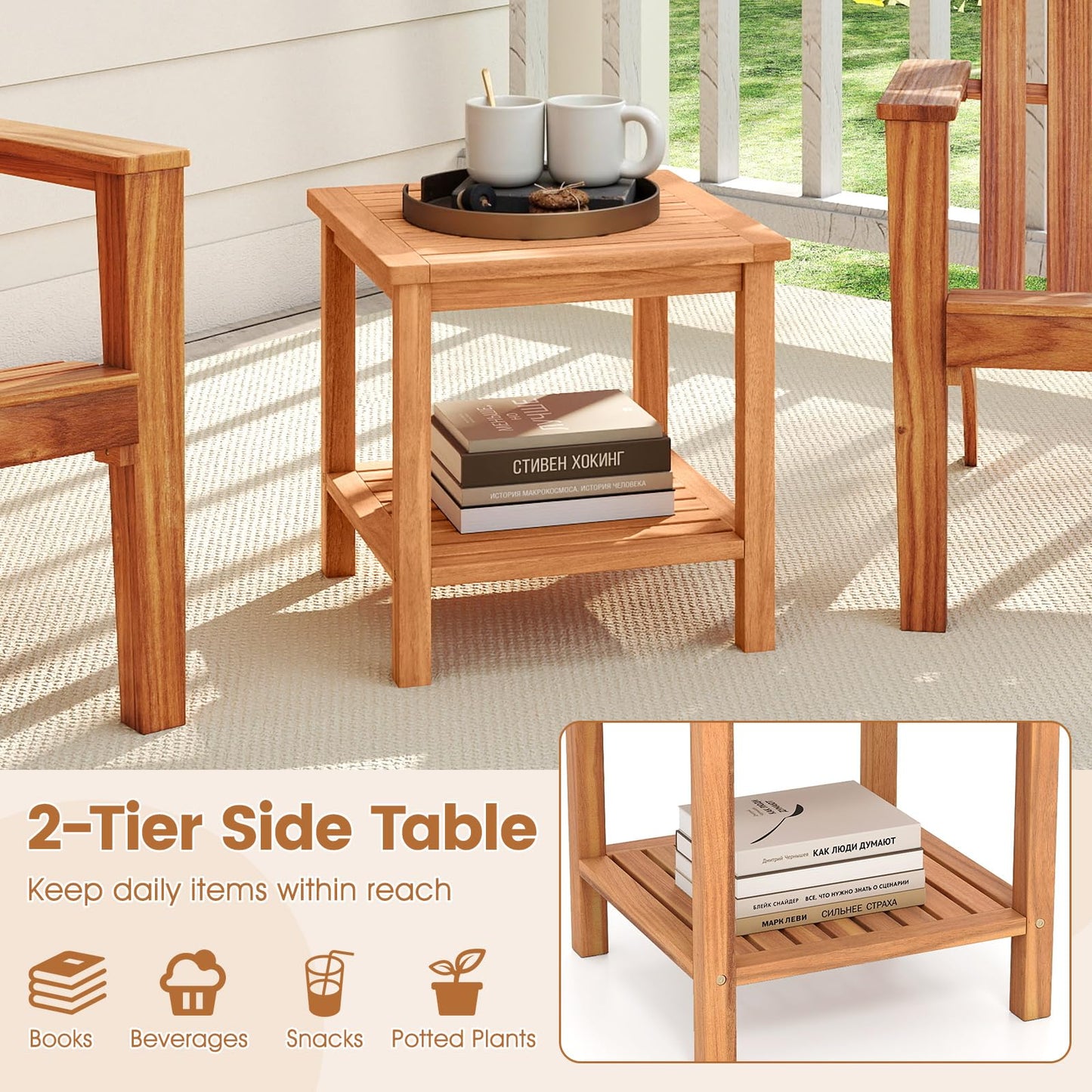 Tangkula Table d'appoint carrée à 2 niveaux en bois d'acacia avec plateau à lattes et étagère de rangement