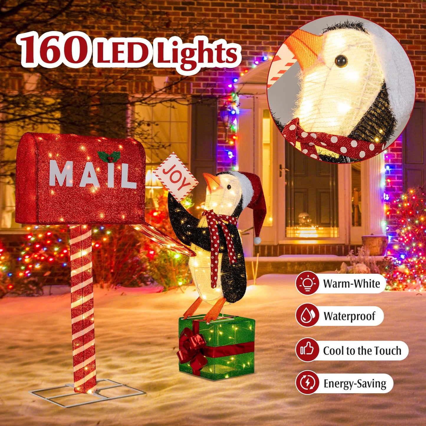 Tangkula Christmas Lighted Mailbox & Penguin for Home Lawn Yard Garden Porch Party Indoor Outdoor