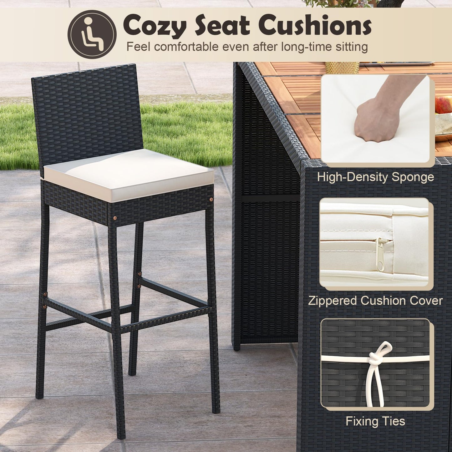 Tangkula 7 Piece Patio Wicker Bar Set with Backrest and Footrest
