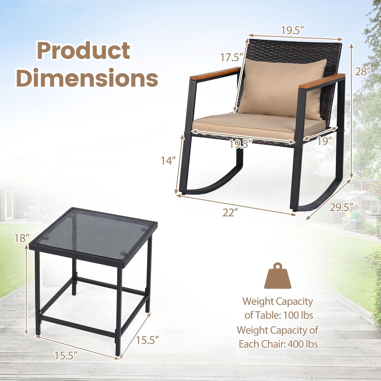 Tangkula 3 Pieces Outdoor Rocking Chairs Set