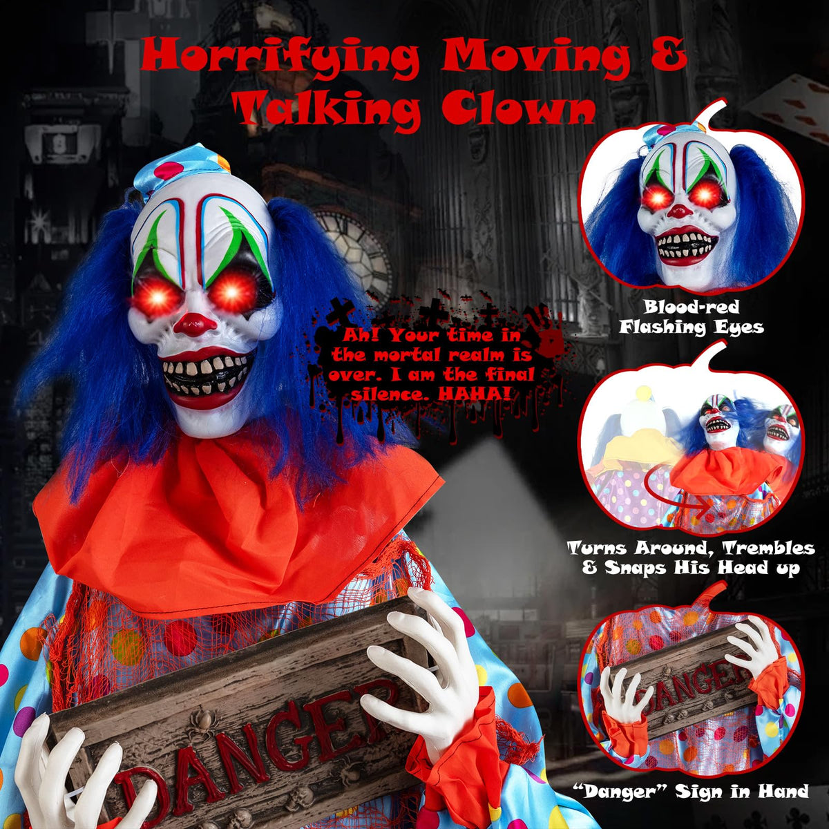 Tangkula 5.6 FT Halloween Animated Clown with Snap-up Head & Glowing Eyes