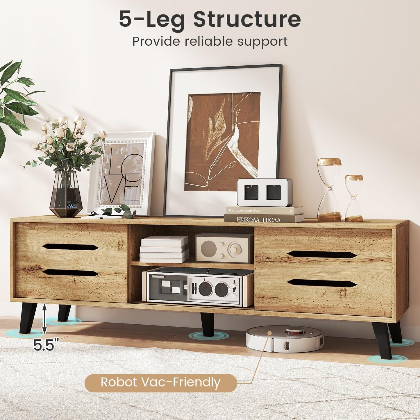 Tangkula Mid Century Modern TV Stand with Sliding Doors for 65” TVs