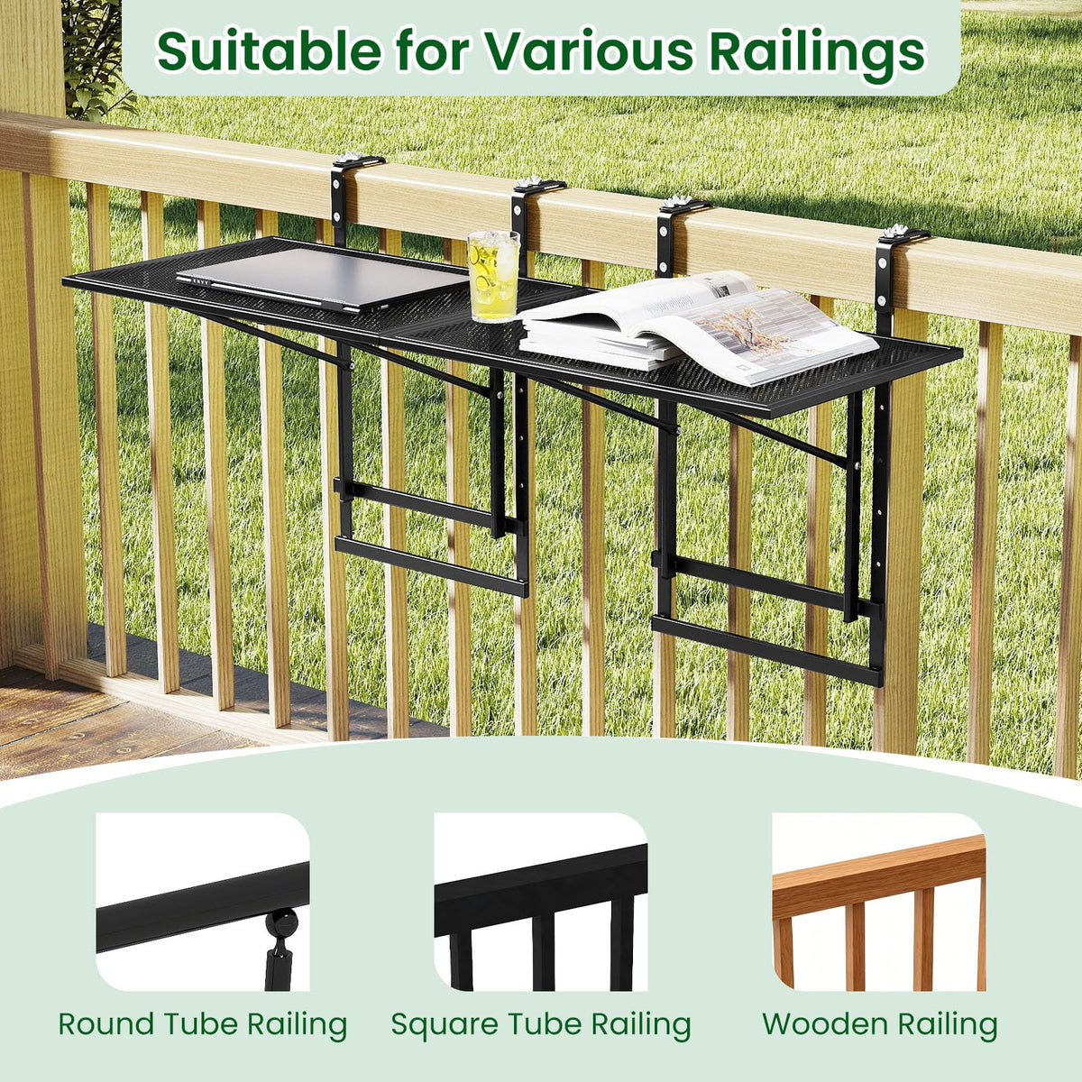 Tangkula Table de balcon pliable 122 cm pour rambardes de 3,8 cm à 8,9 cm d'épaisseur