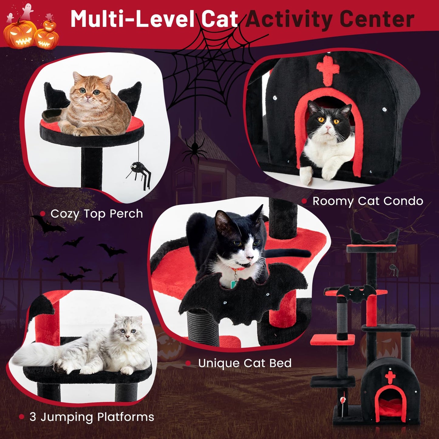 Tangkula Gothic Cat Tree, 53 Inch Black Cat Tower with Coffin Cat Bed, Spider Pompom & Spring Balls