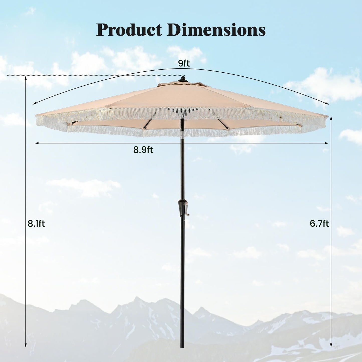 Tangkula 9Ft Patio Umbrella with Fringe, Boho Umbrella with Tassels, Crank Handle, Push Button Tilt