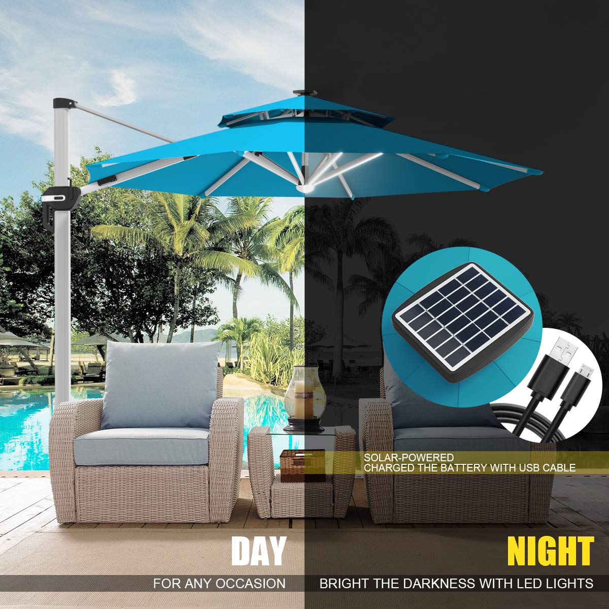 Tangkula 10 FT LED Cantilever Offset Hanging Patio Umbrella with Weight Base