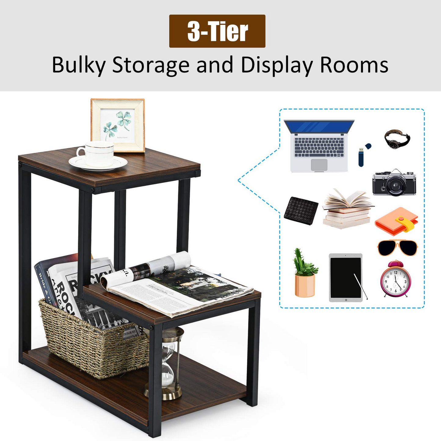 Tangkula 3-Tier Sofa Side Table, Nightstand with Storage Shelf