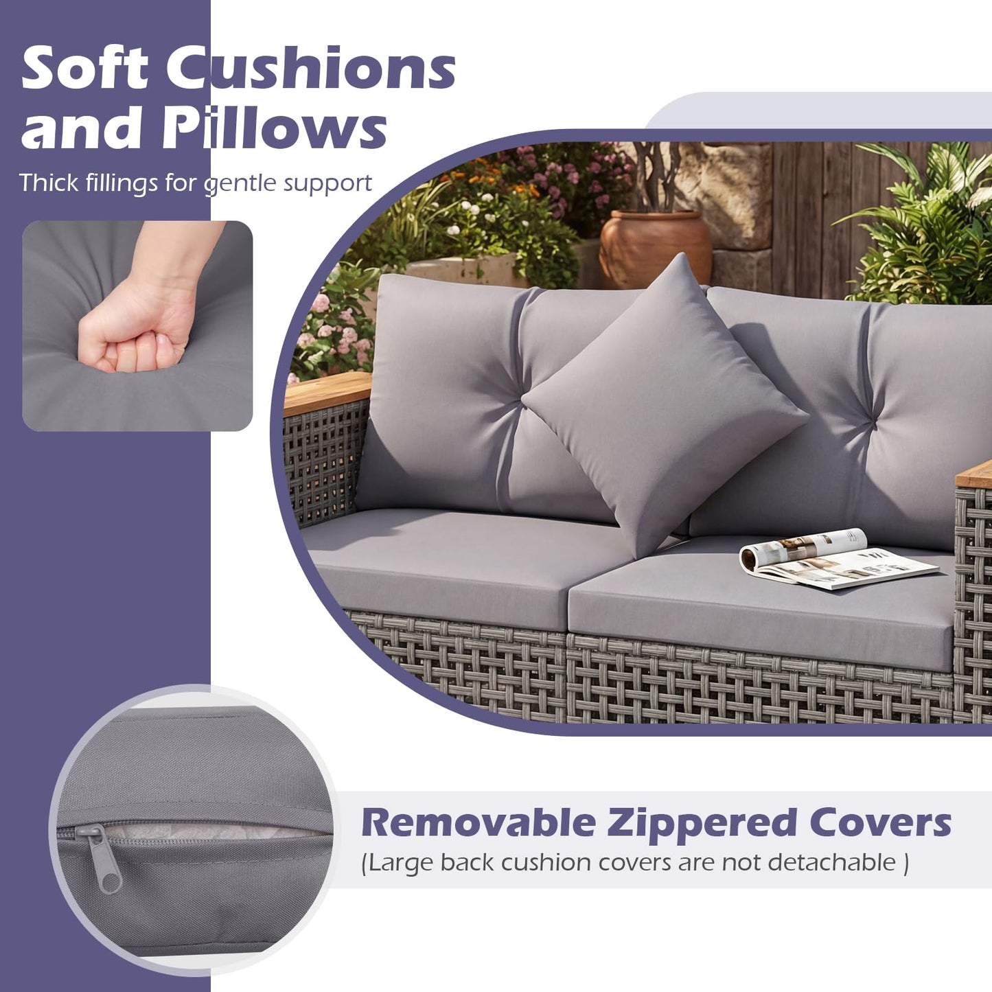 Tangkula 62.5" Large Patio Wicker Loveseat with Acacia Wood Armrests & Cup Holders