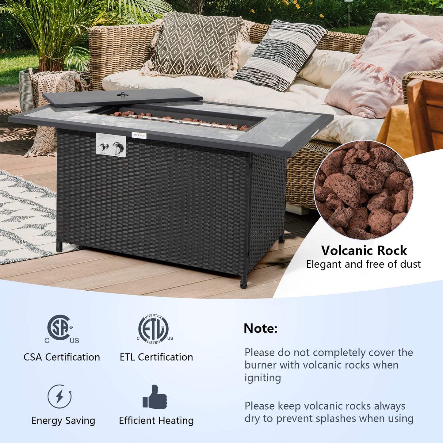 Tangkula 52 Inches Wicker Patio Propane Fire Pit Table, Patiojoy 50,000 BTU