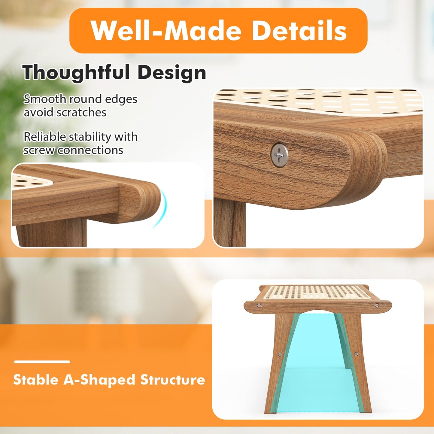 Tangkula Ottoman Footstool, Natural Teak Wooden Foot Rest with Handwoven Rattan