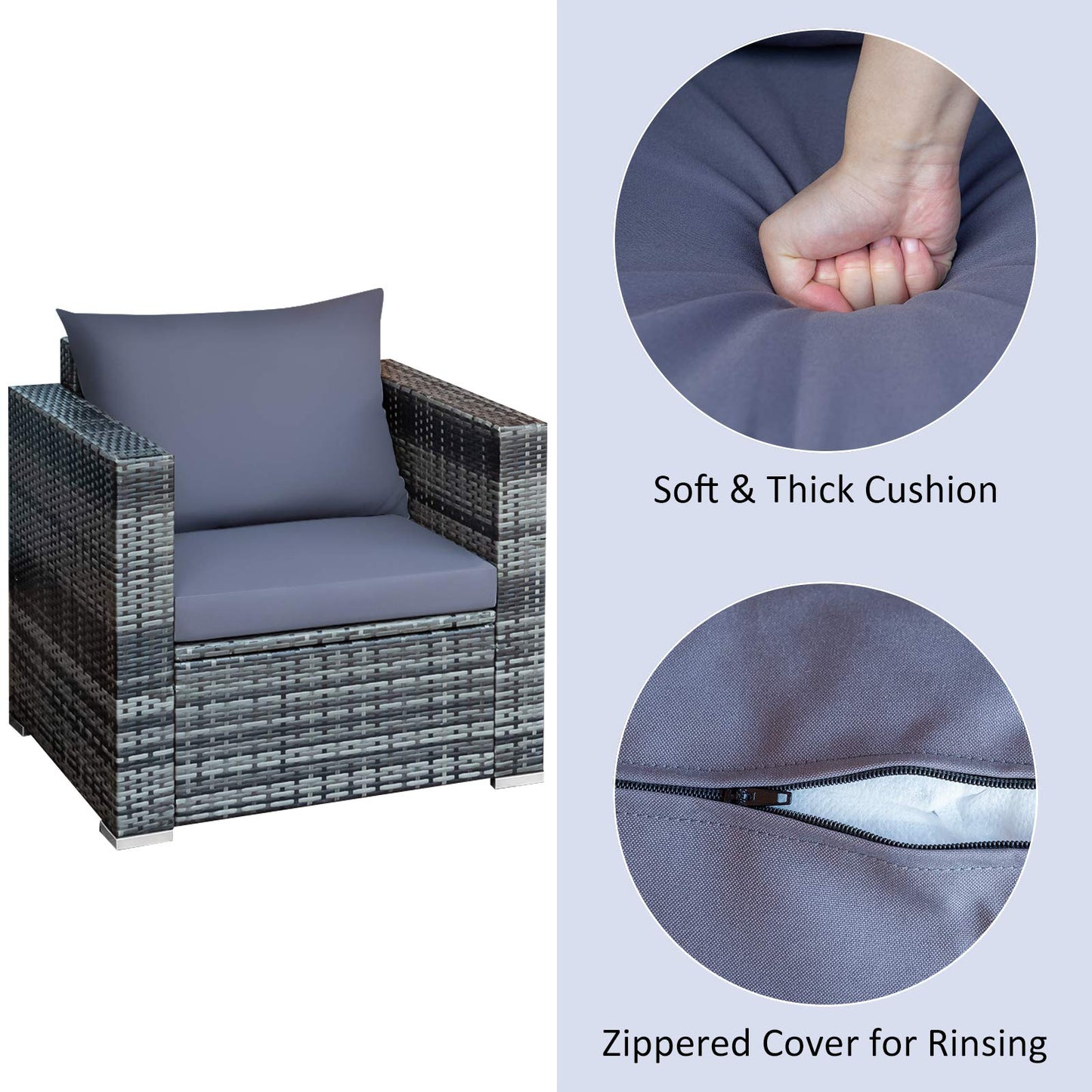 3 Pieces Patio Furniture Set, PE Rattan Wicker Sofa Set w/Washable Cushion and Tempered Glass Tabletop