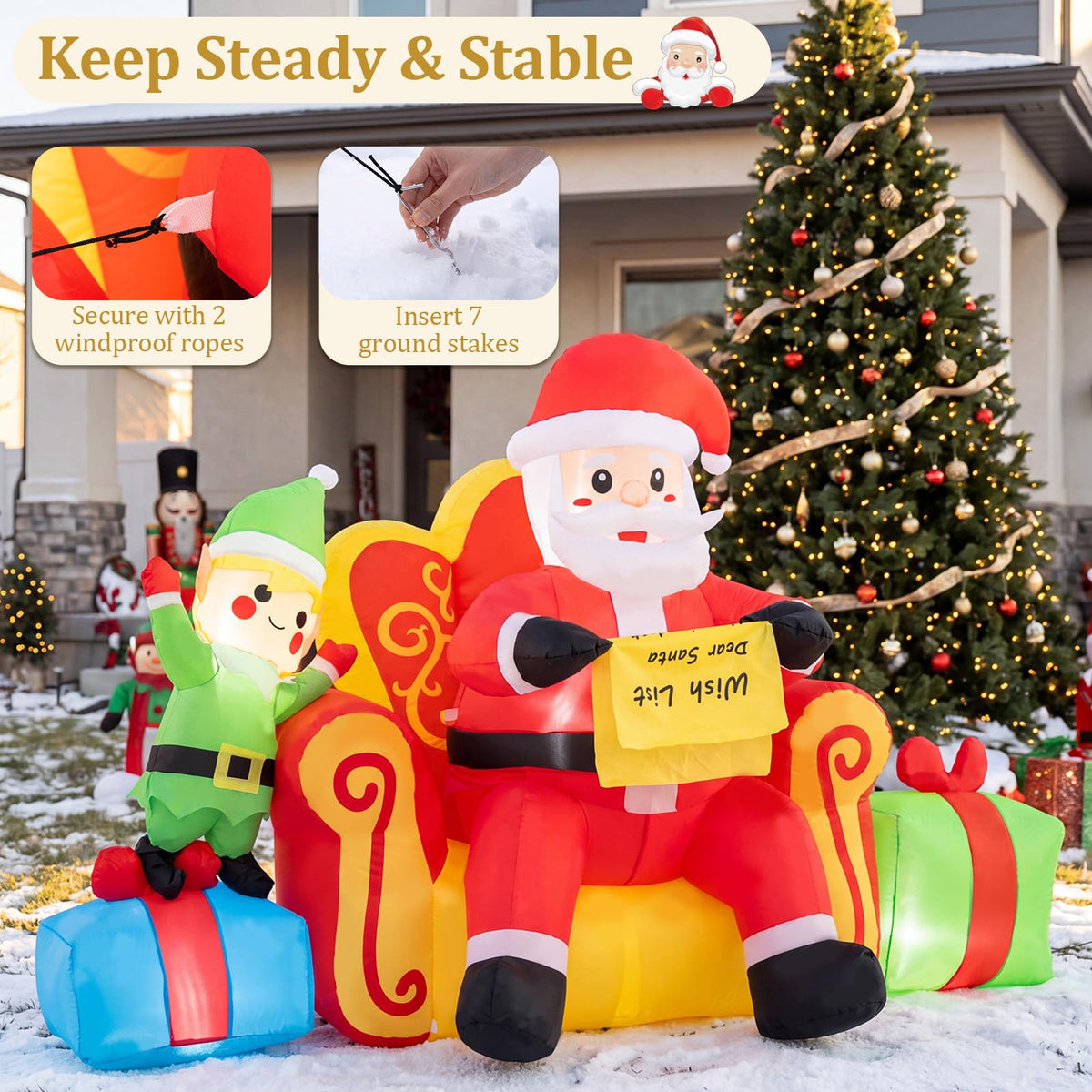 Tangkula Christmas Inflatable Santa Claus on Sofa with Elf & Gift Boxes