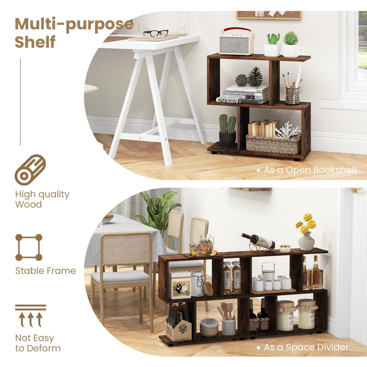 2 Tier Geometric Bookshelf, Freestanding Wood Display Shelf - Tangkula