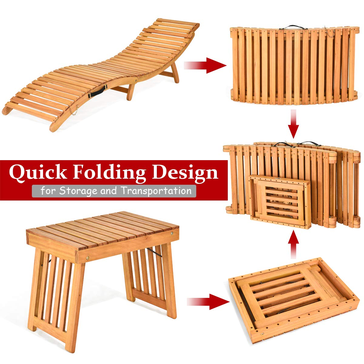 Tangkula 3 Pcs Folding Patio Solid Eucalyptus Wood Lounge Chair Set (Red & White)