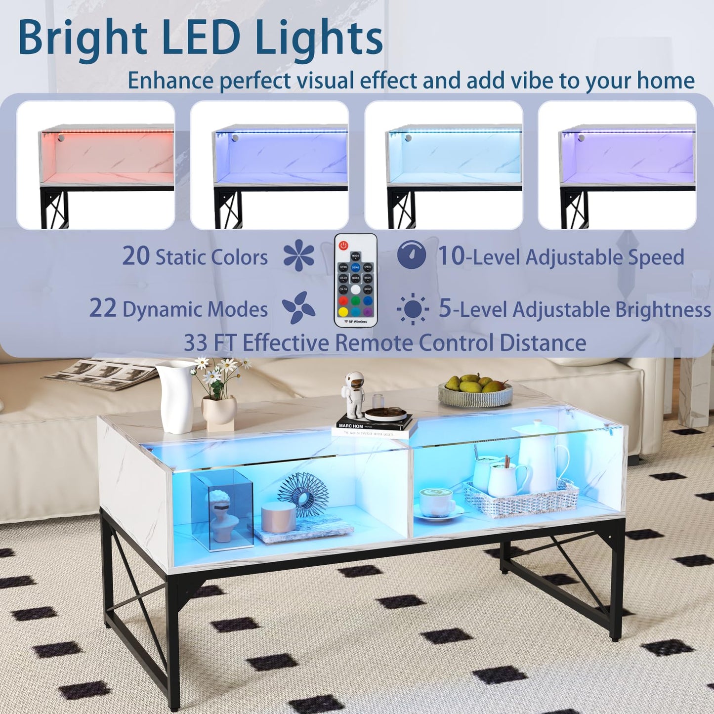 Tangkula LED Coffee Table with 4 Storage Cubes