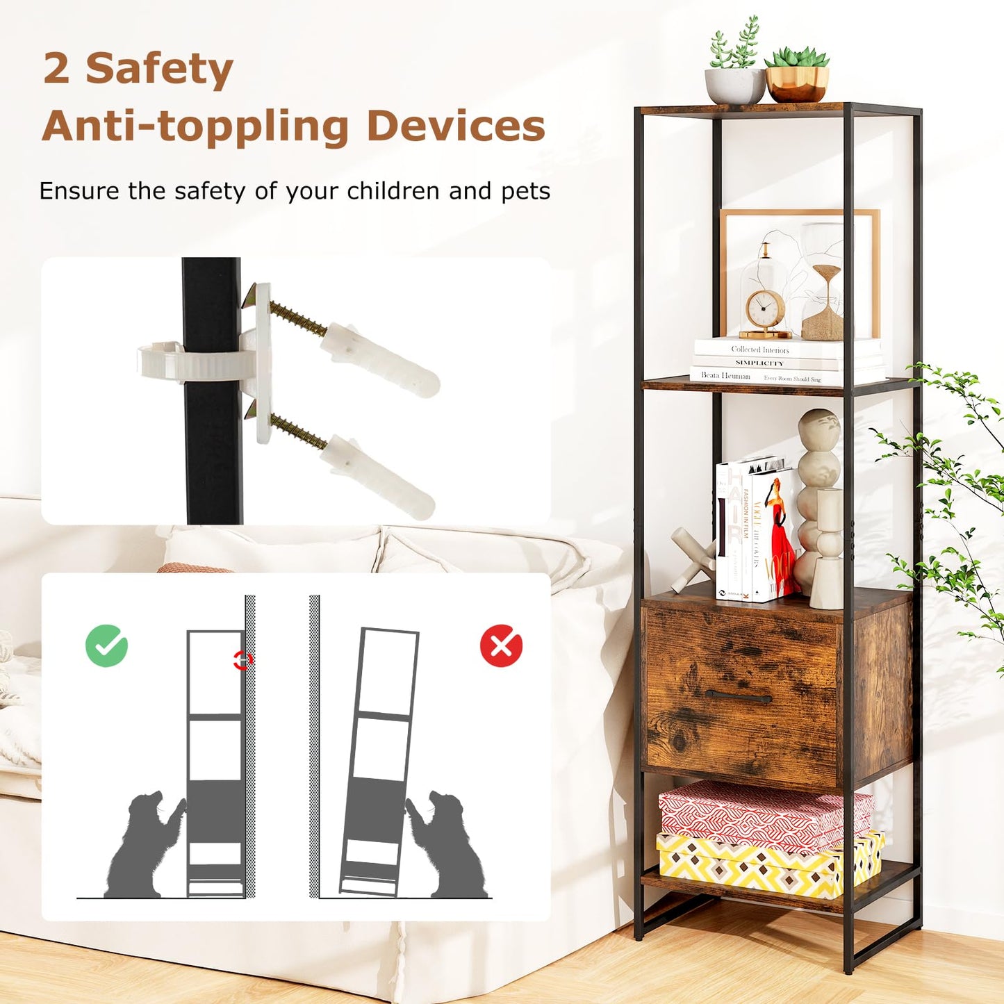 Tangkula Étagère Haute et Étroite de 159 cm avec Cadre Métallique et Kits Anti-basculement