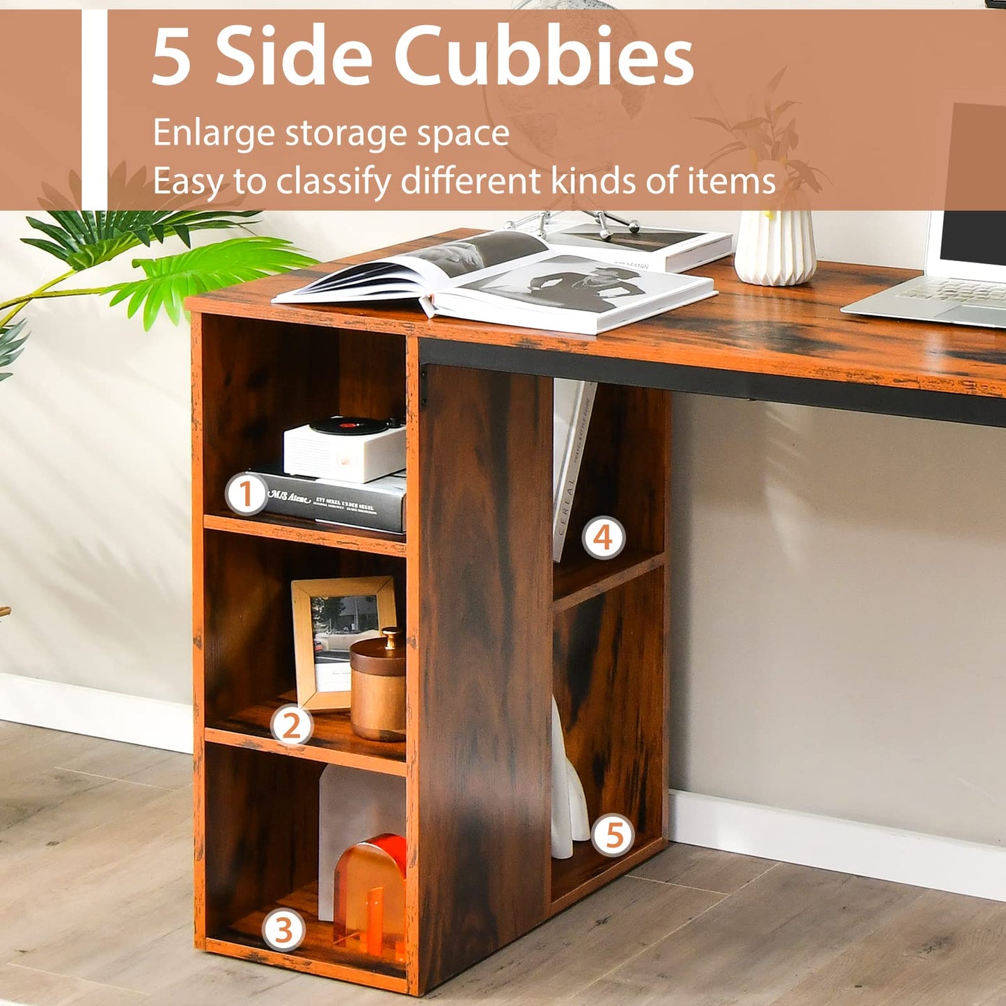 Tangkula Computer Desk with Storage Shelves, Home Office Desk with 5 Side Shelves & Metal Frame