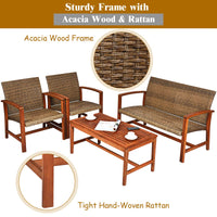 Tangkula 4 PCS Patio Acacia Wood Rattan Conversation Set
