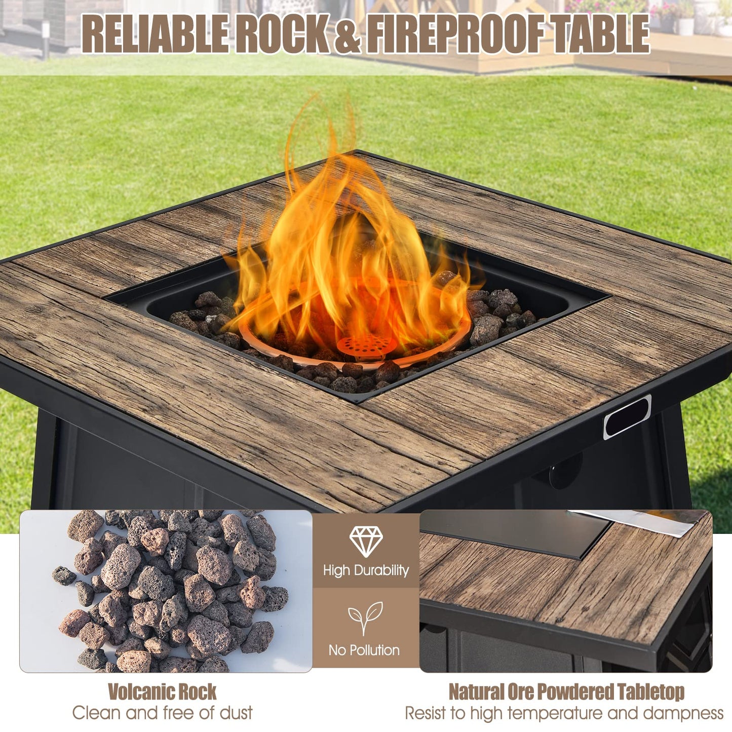 Tangkula 28 Inches Propane Fire Pit Table, 40,000 BTU Square Fire Table with Lid, Lava Stone, Waterproof Cover