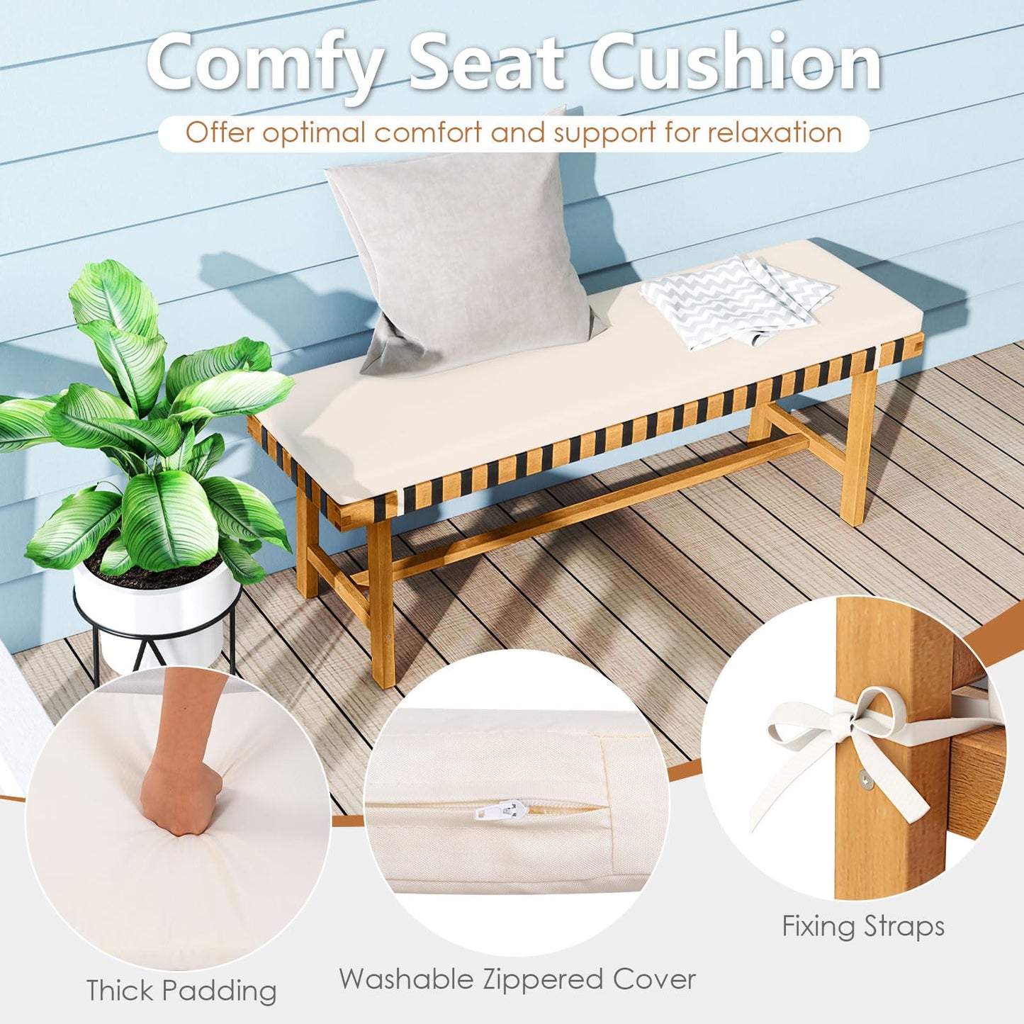 Tangkula Acacia Wood Outdoor Bench with Padded Cushion