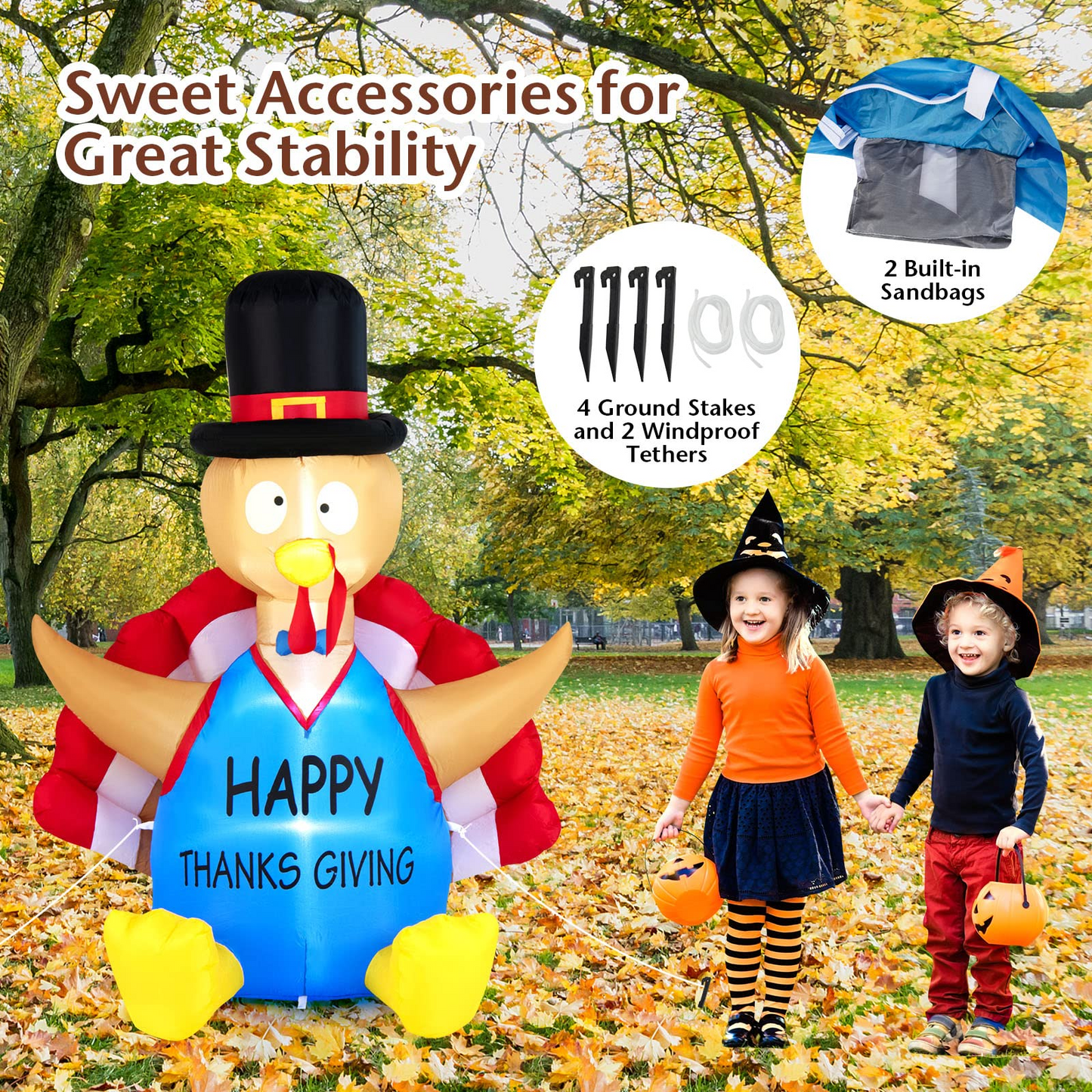 Tangkula 6 FT Thanksgiving Inflatable Turkey, Lighted Thanksgiving Decorations for Lawn, Garden, Party